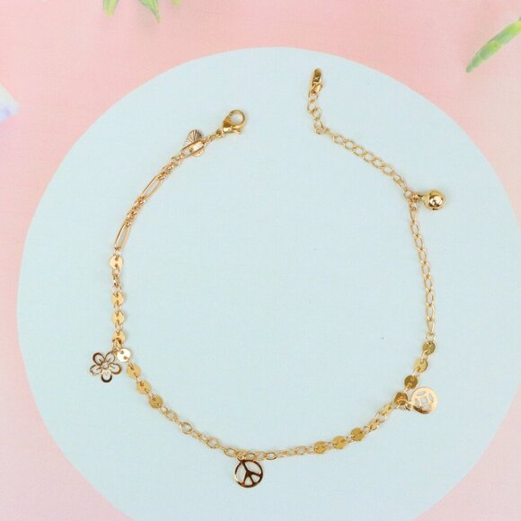 "Rose Gold Anklet with Flower, Smiley & Peace Charms, XPAL1175 - Picture 1 of 12